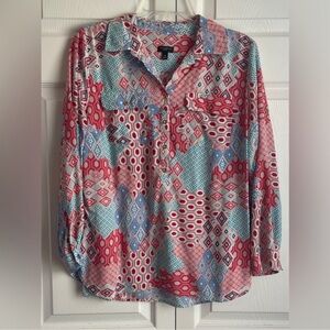 Talbots Multicolored Geo/Patchwork Print Roll-Tab Sleeve Popover Blouse Size MP